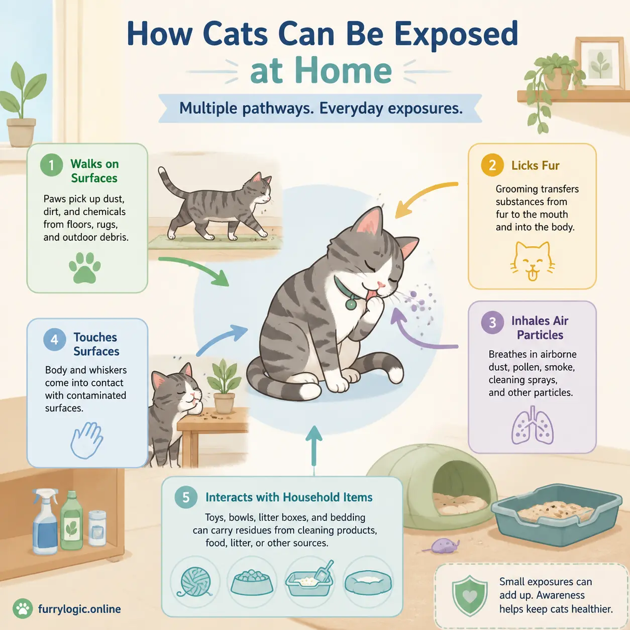 Cat exposure pathways in home cleaning hazards illustration