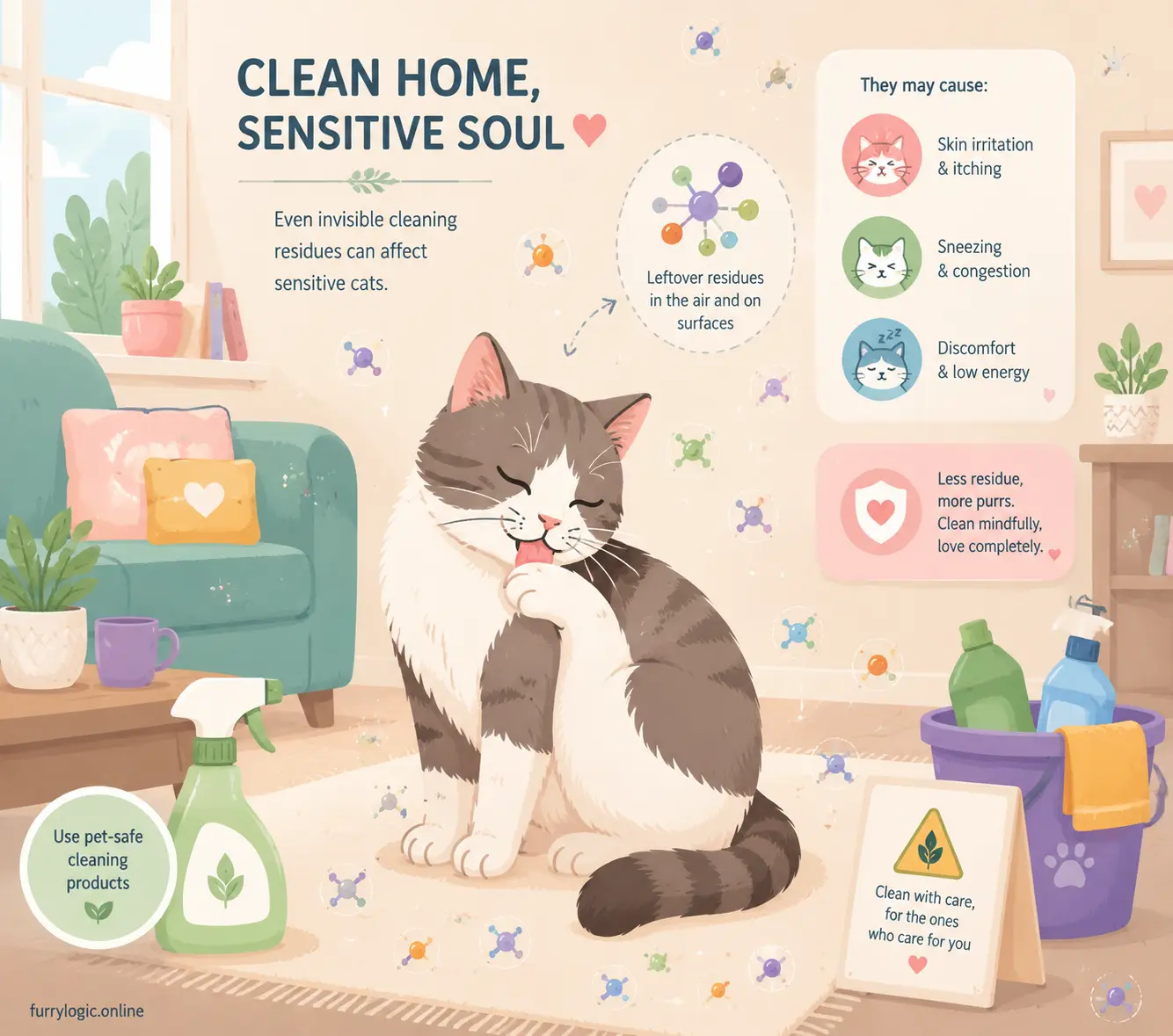 Cat grooming and household cleaning interaction safety illustration
