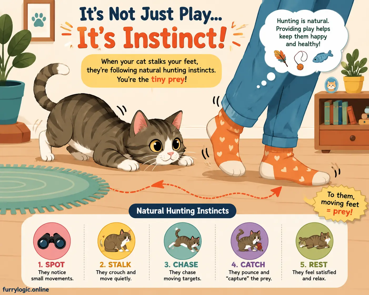 Playful cartoon cat stalking moving feet as hunting instinct