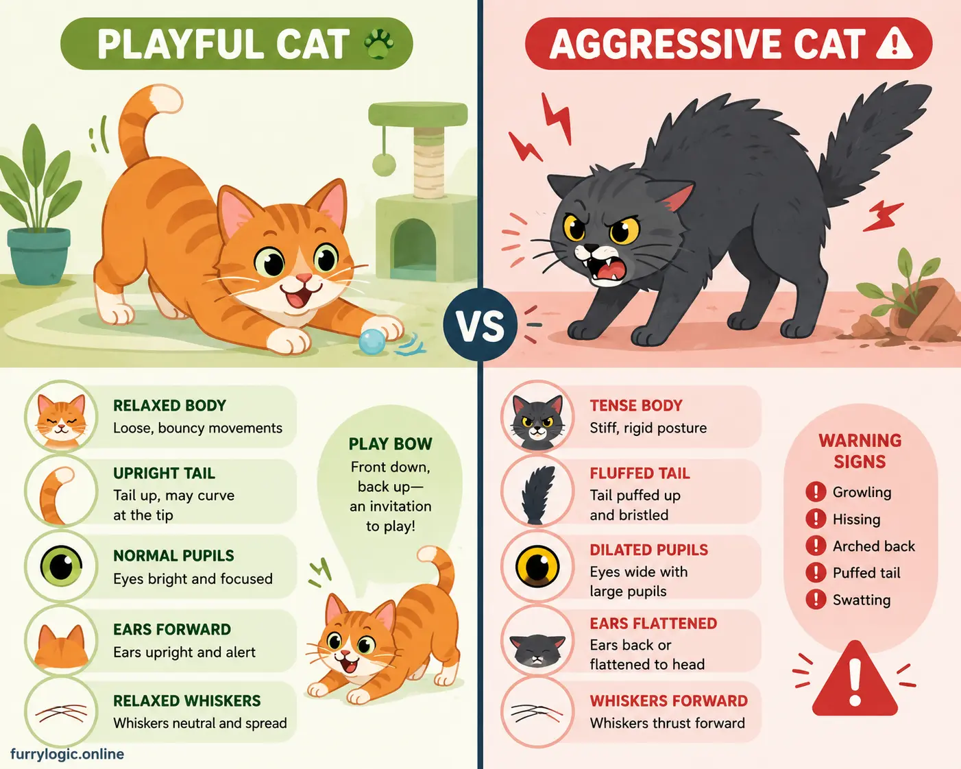 Illustrated comparison of playful cat and warning body language