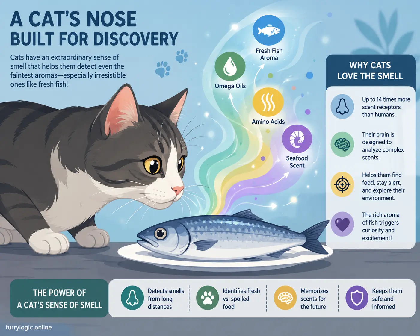 Curious cat attracted by the strong scent of fresh fish