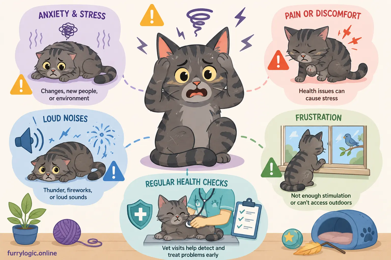 Flat illustration showing stressed cat with behavioral warning symbols