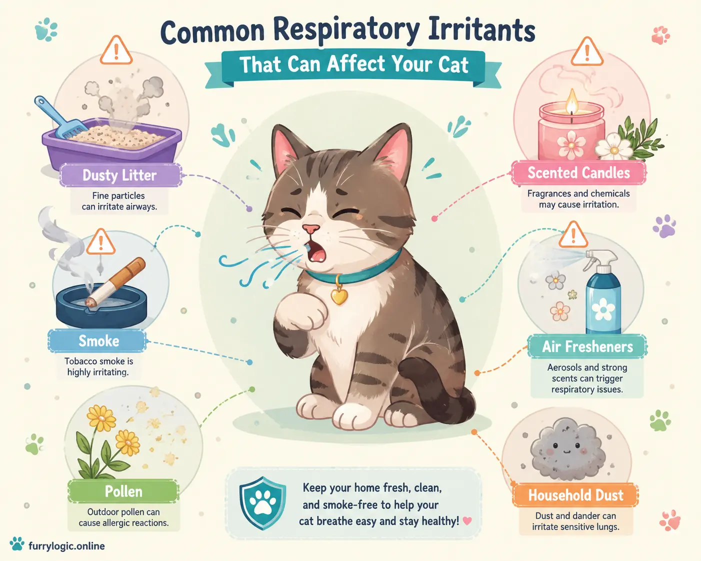 Whimsical illustration of common household respiratory irritants affecting cats