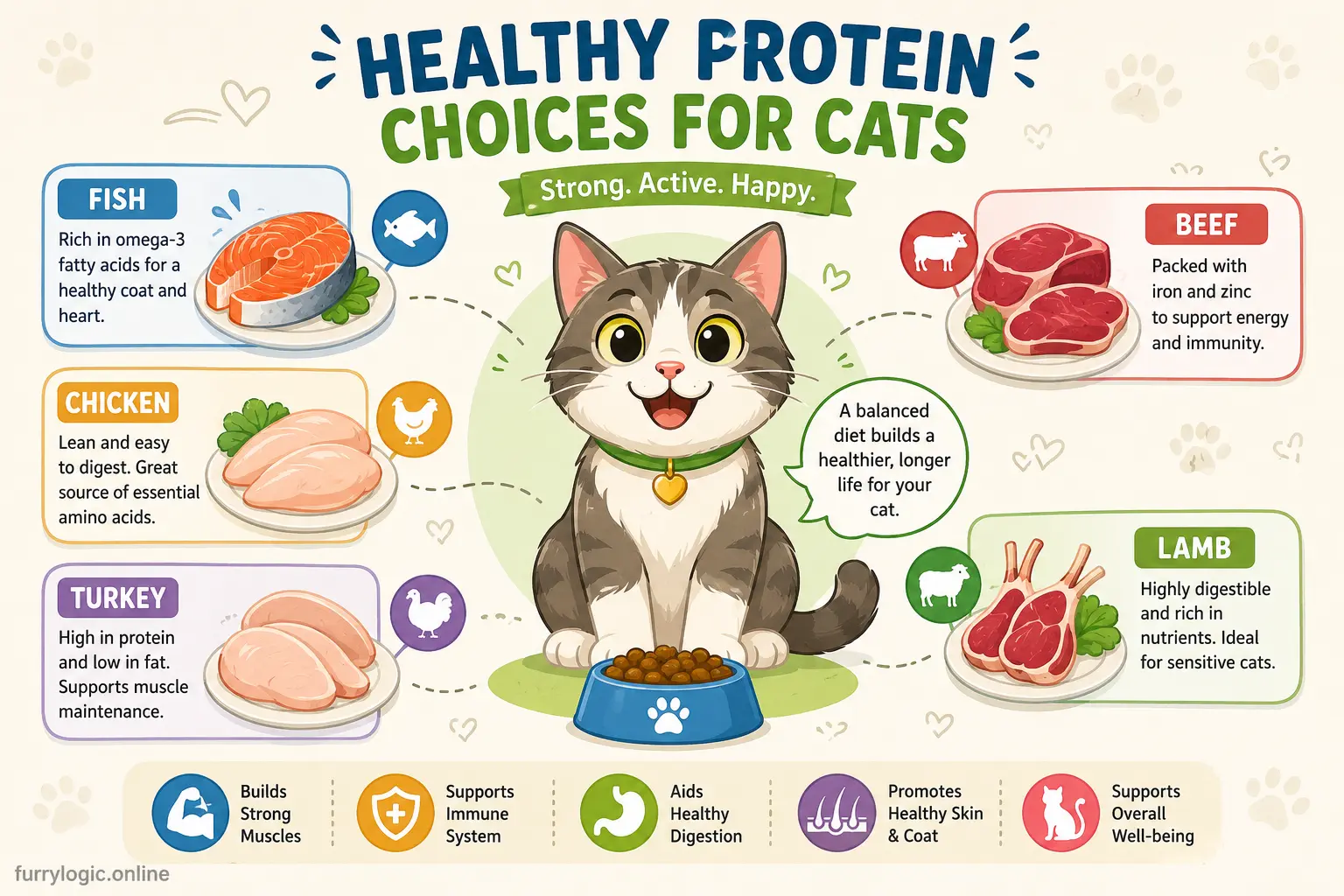 Illustration comparing fish and other healthy protein options for cats
