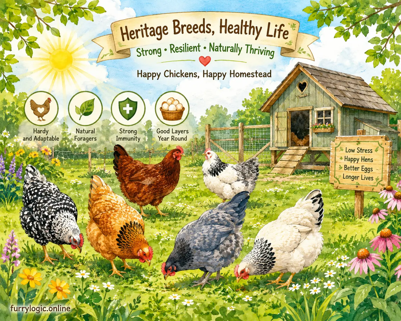 Heritage backyard chickens thriving in a healthy outdoor flock