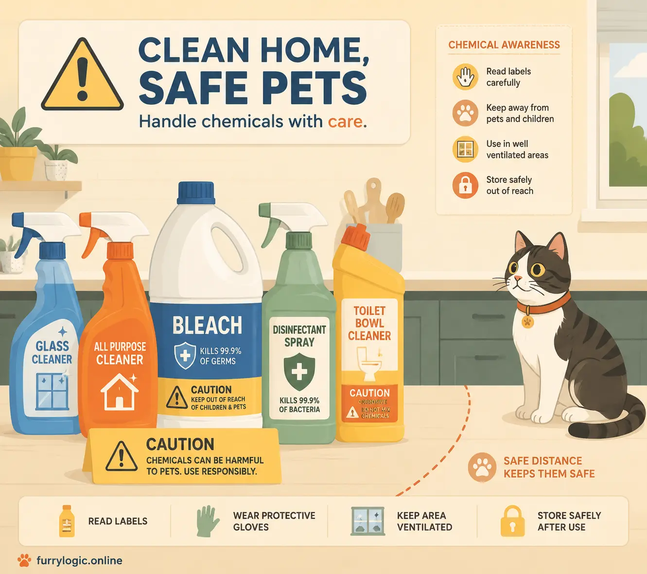 Dangerous household cleaners and cats warning illustration