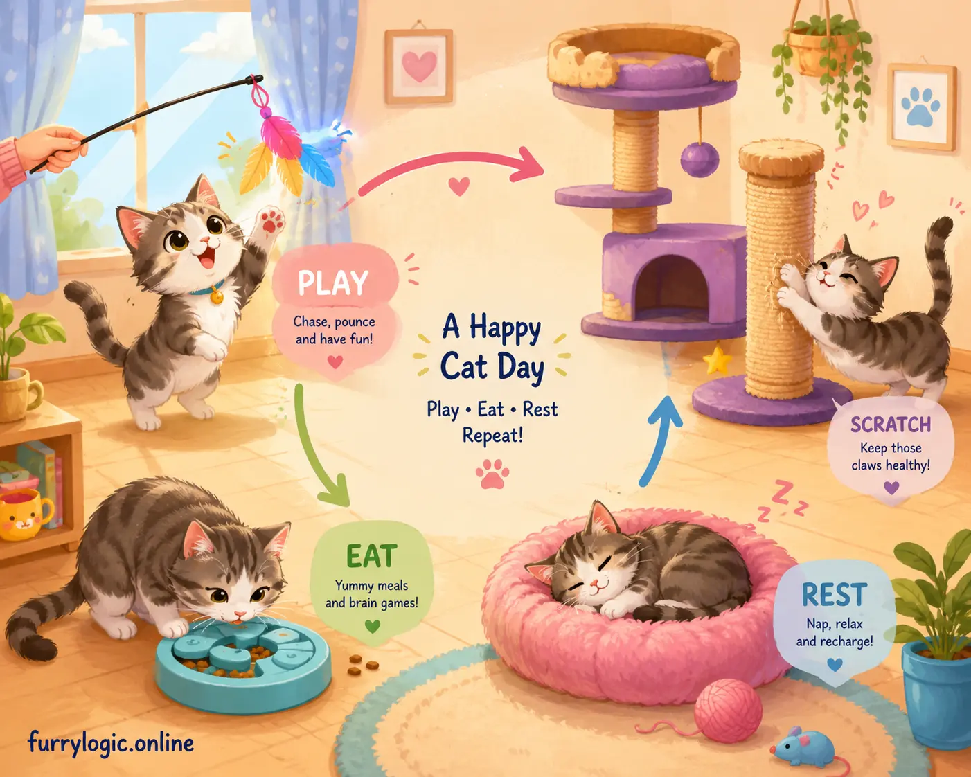 Whimsical illustration of indoor cat daily hunting and play routine