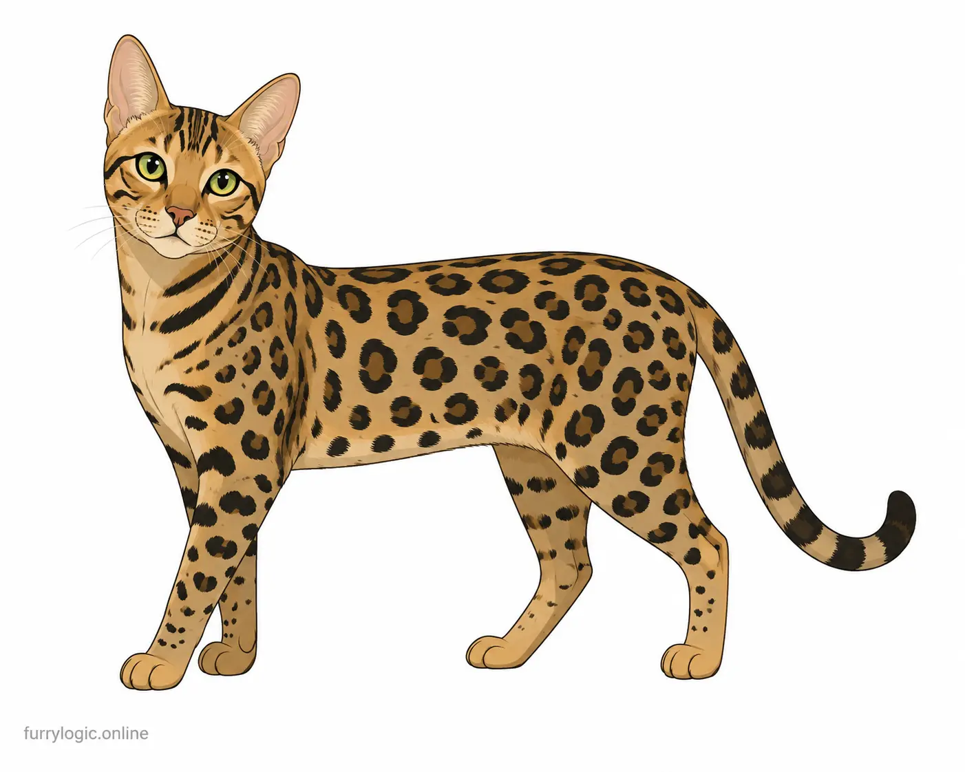 Stylized illustration of a domestic cat with leopard-like spots and sleek body