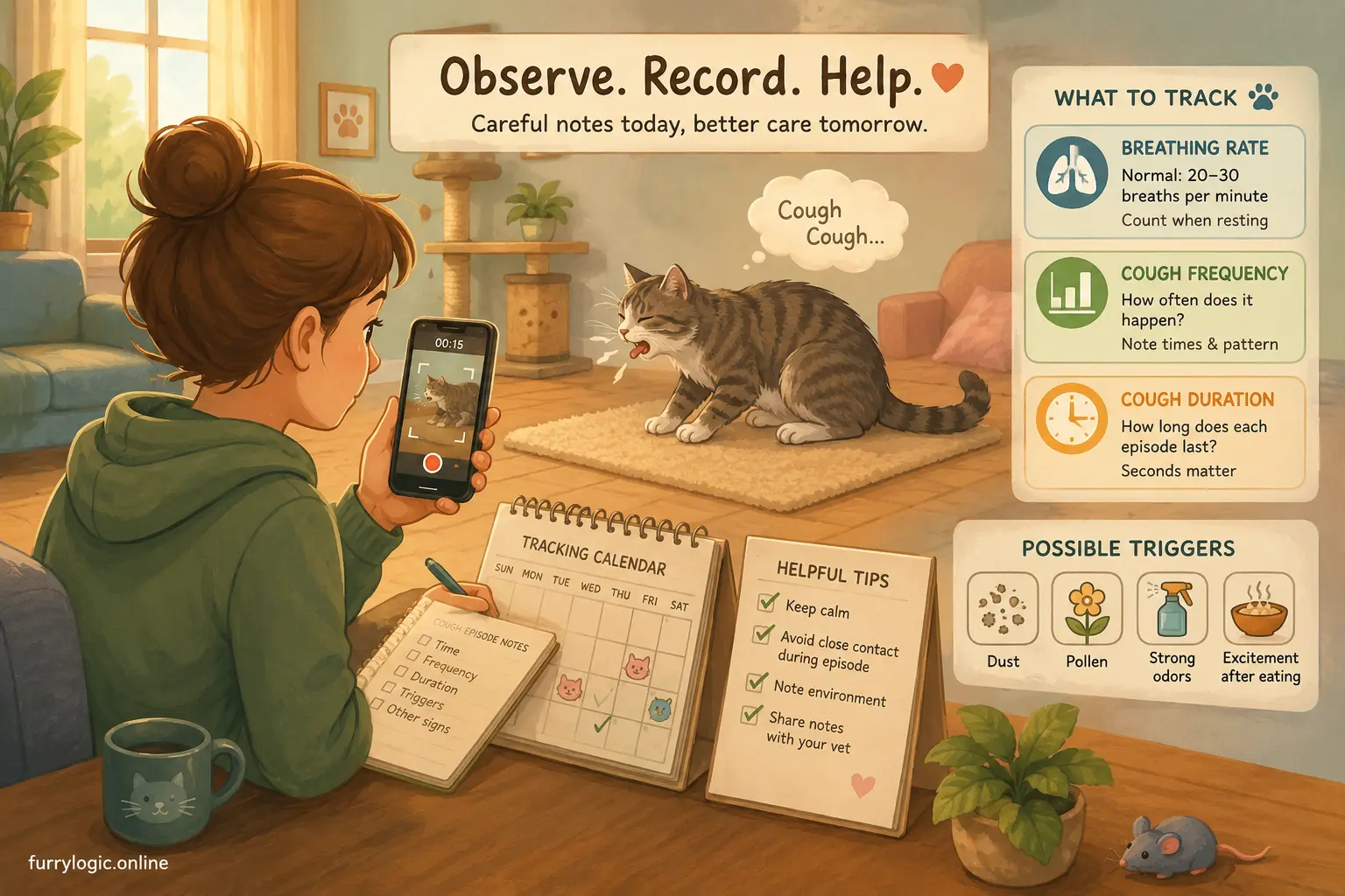 Illustration of a pet owner safely observing and recording a coughing cat
