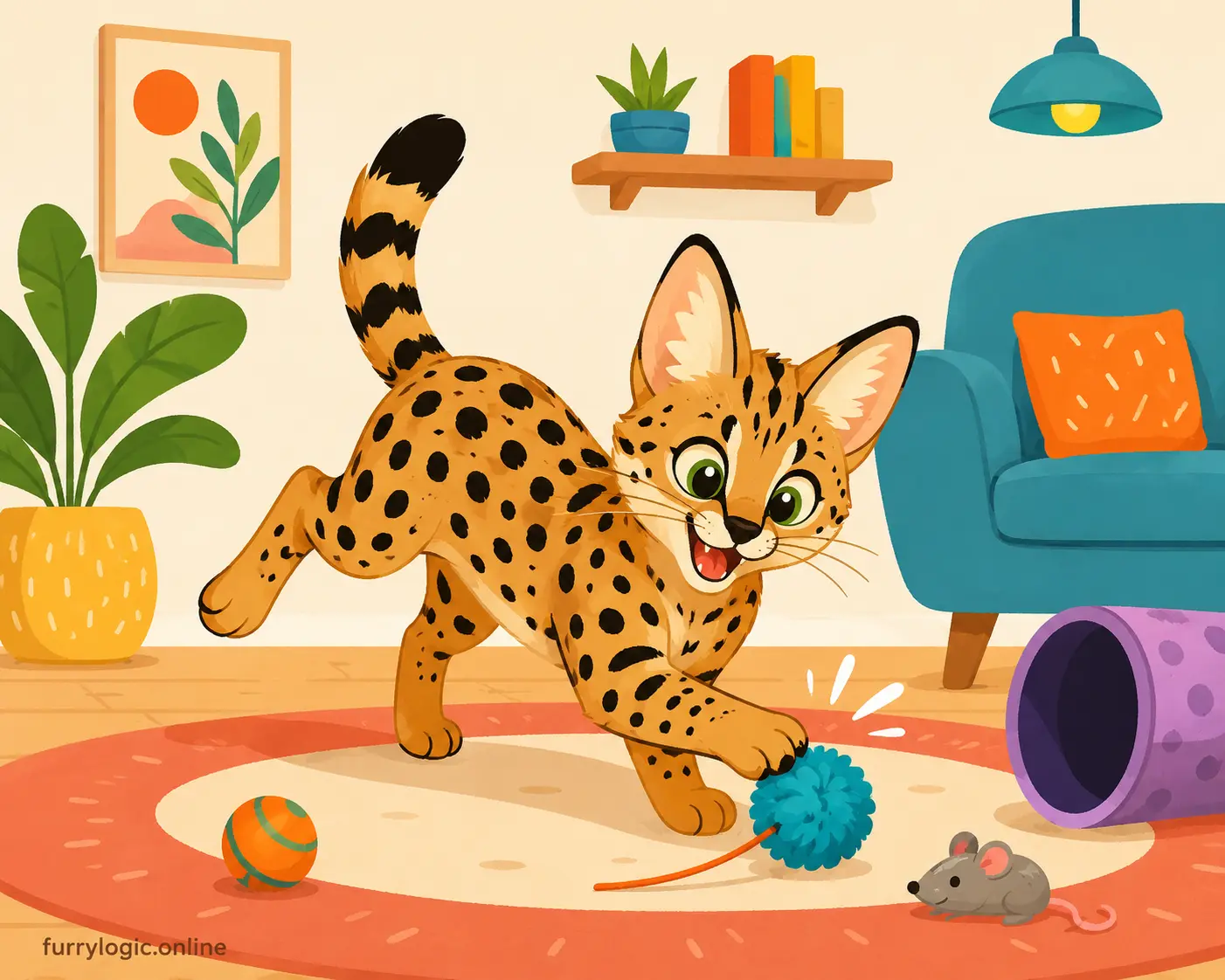 Whimsical illustration of an active spotted cat playing energetically indoors