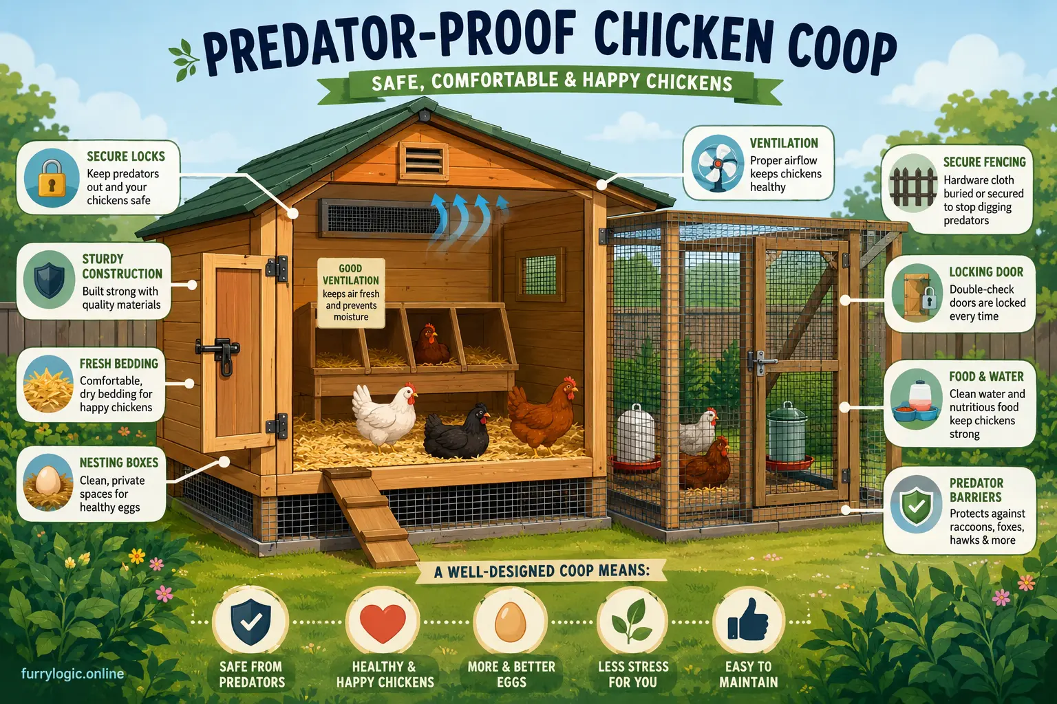 Clean predator-proof chicken coop supporting healthy backyard chickens