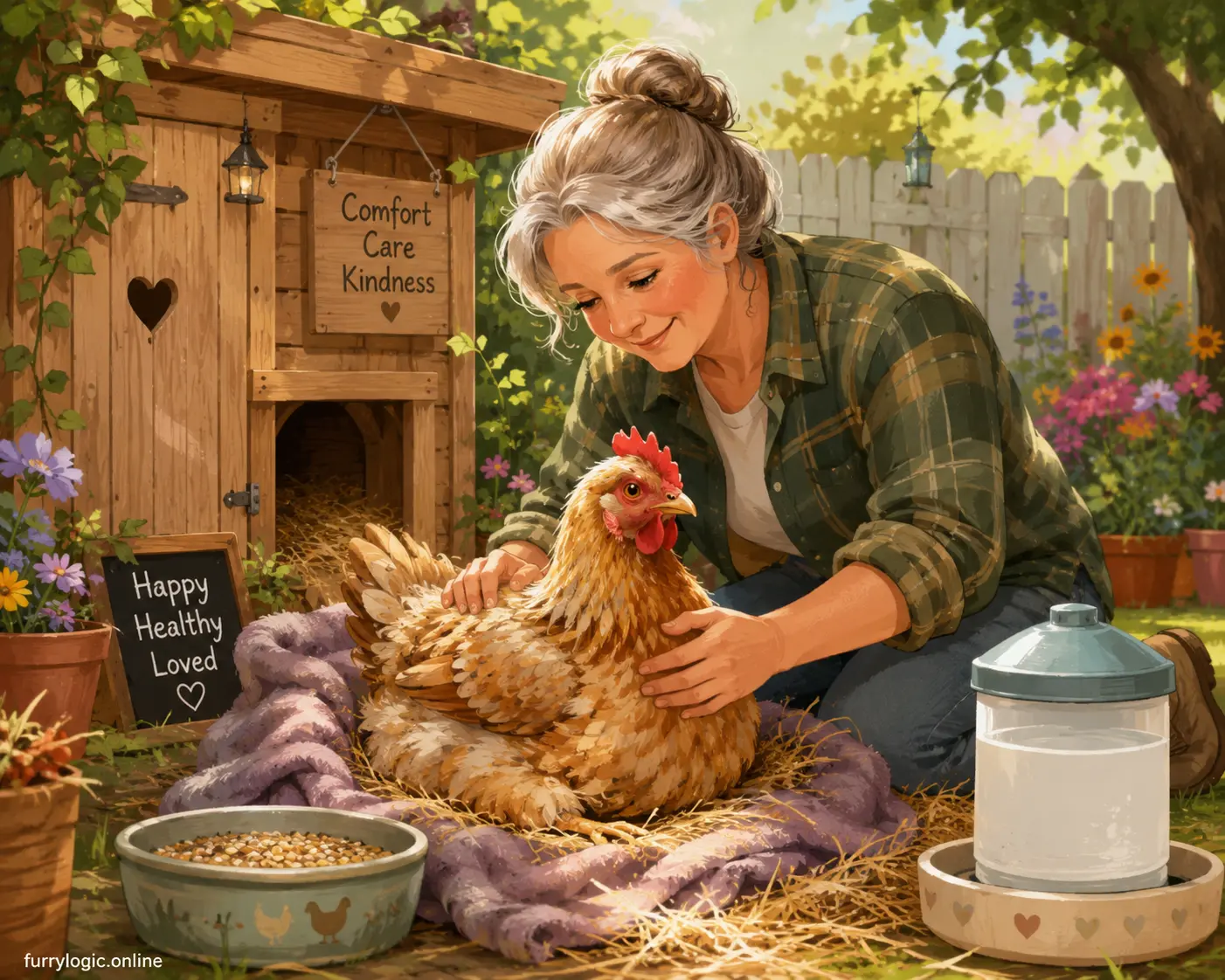 Senior backyard chicken receiving attentive daily care
