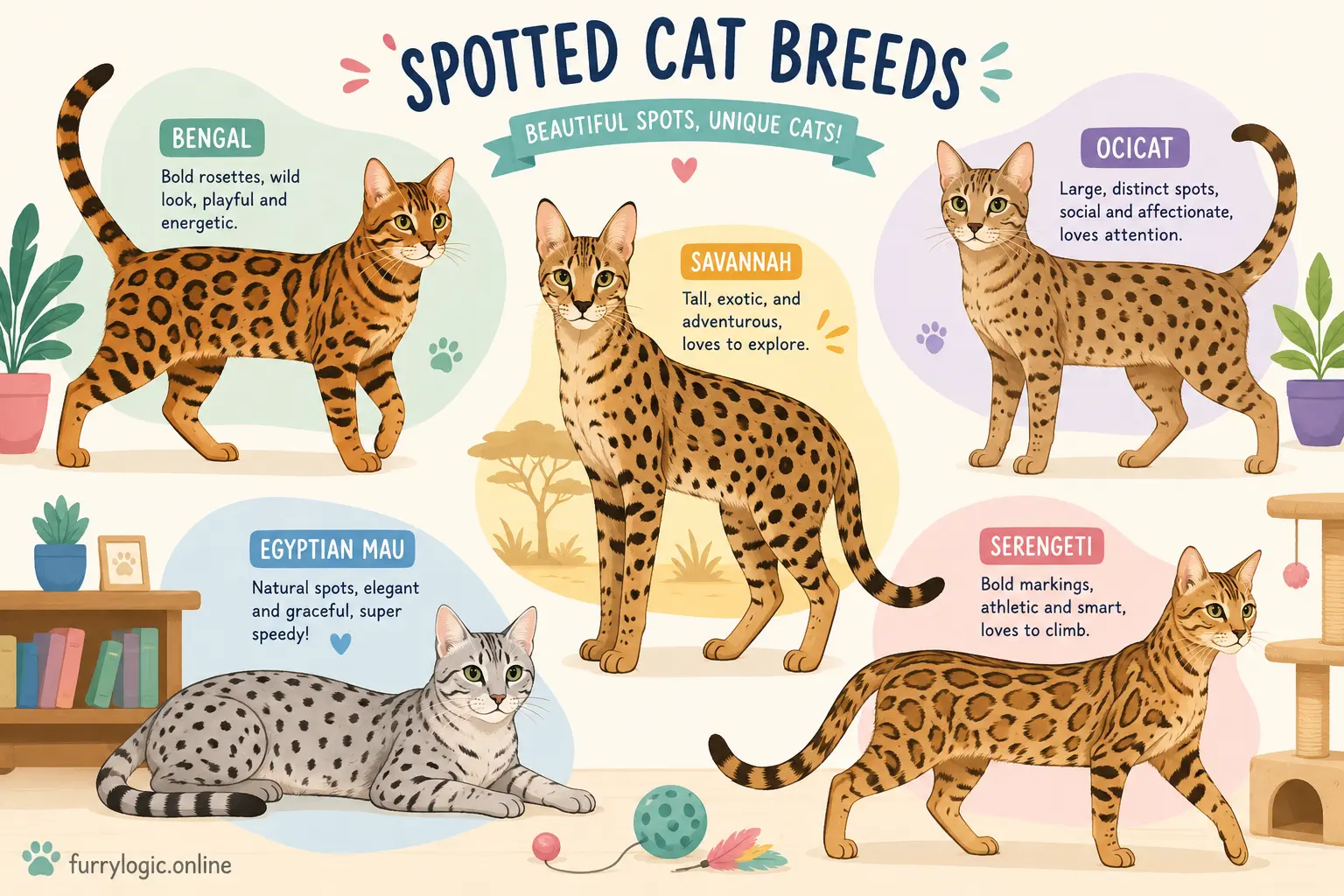 Cartoon collection of different spotted cat breeds with unique markings
